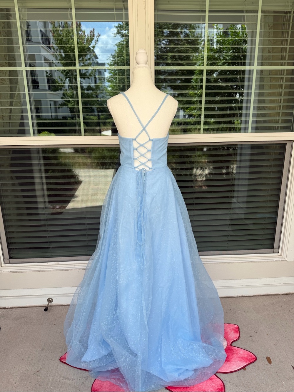 Sparkling Light Blue Spaghetti Strap Formal Dress with Lace-Up Back